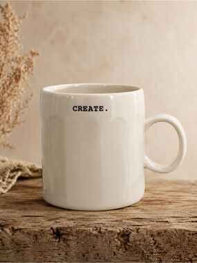 Rae Dunn “Create” Mug Typewriter Font‎ Wide Ceramic Coffee Cup Farmhouse Decor